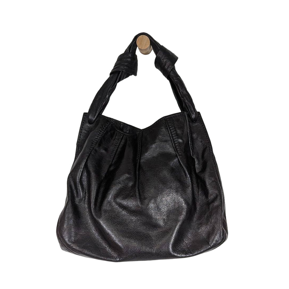 Miu Miu Black Leather Pleated Shoulder Bag Knotted Preowned Handbag Purse Dyed